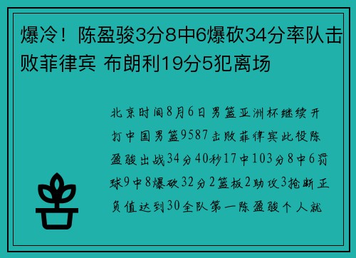 爆冷！陈盈骏3分8中6爆砍34分率队击败菲律宾 布朗利19分5犯离场